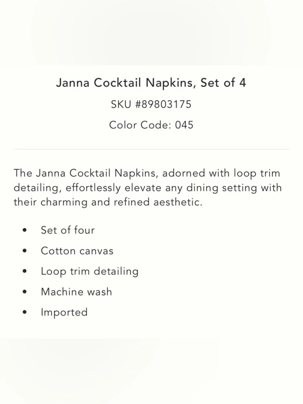 Anthropologie Janna Cocktail Napkins, Set of 4 in Sky NEW